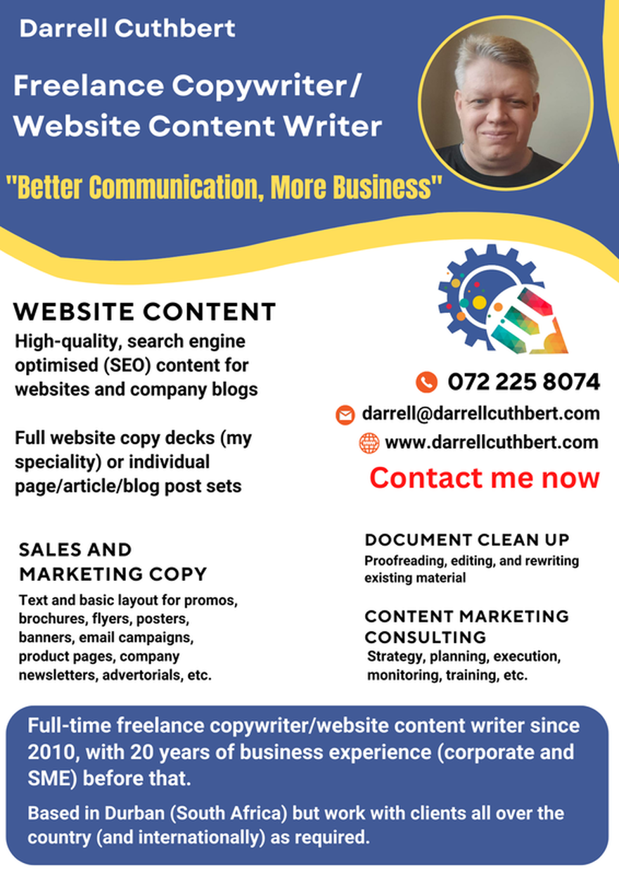 Graphic and text flyer for Darrell Cuthbert, freelance copywriter and website content writer.